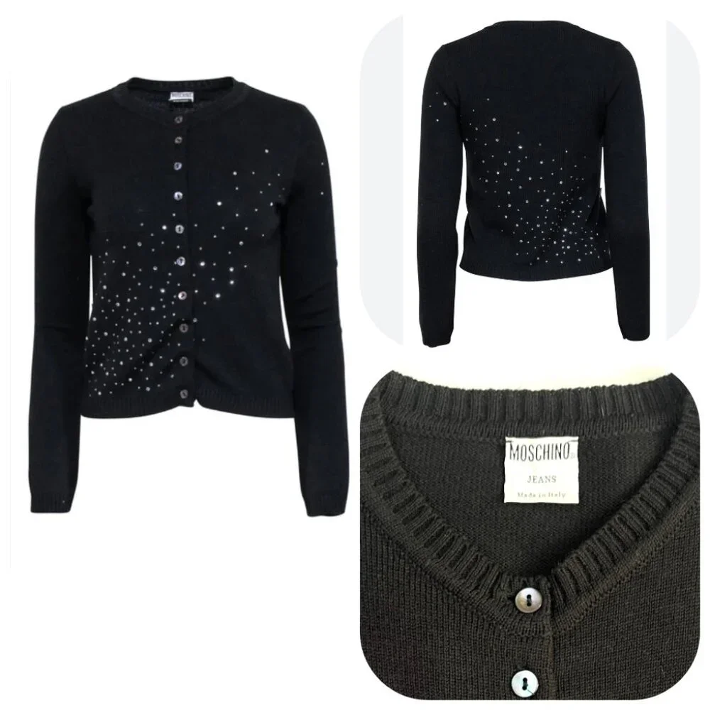 Auc Moschno Rhinestones embellished Lana Wool Black cardigan S - Picture 5 of 14